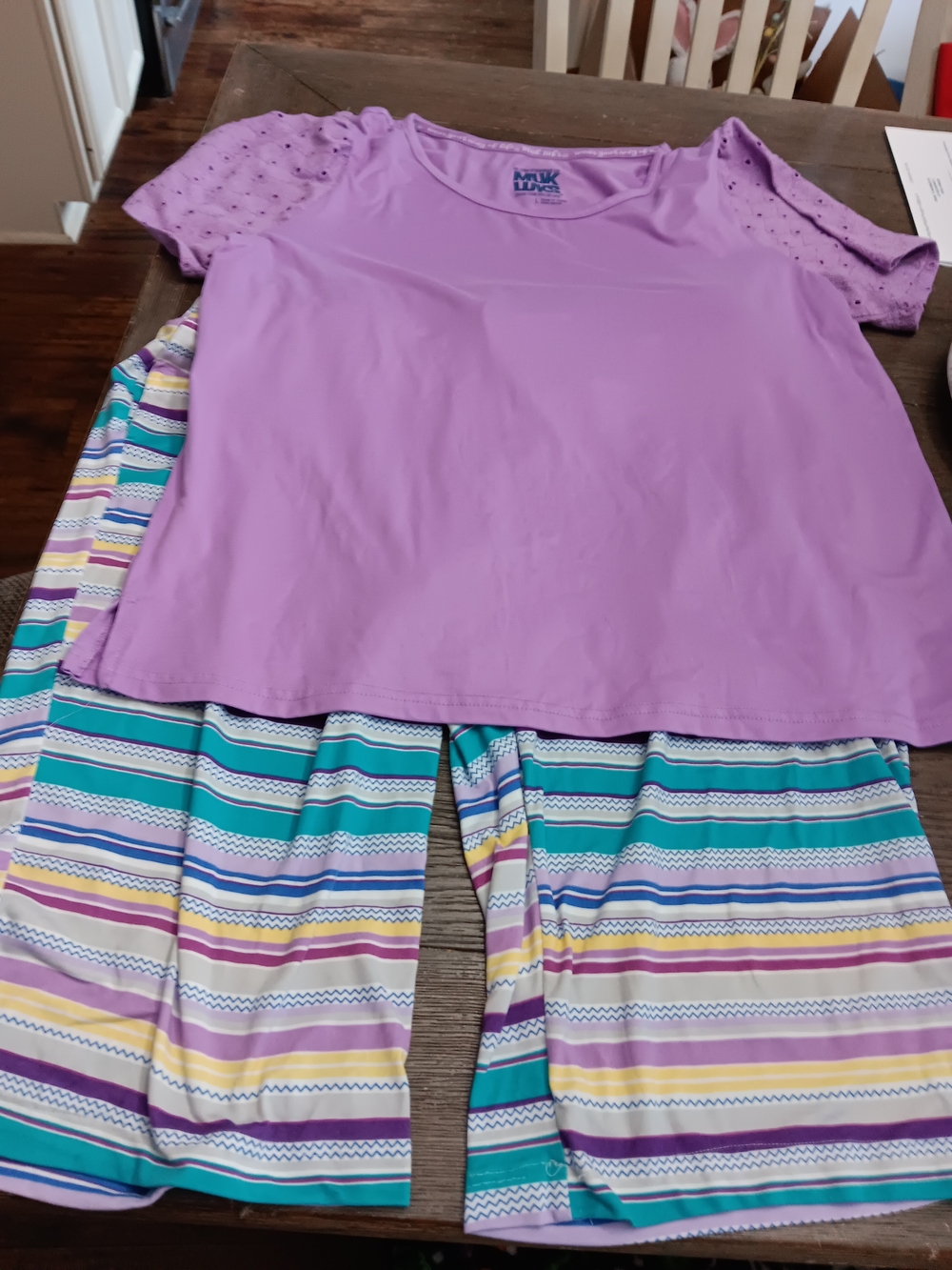 Womens Size Large, Muk Luks Lavender Short Sleeve Top with Striped Pajama Shorts